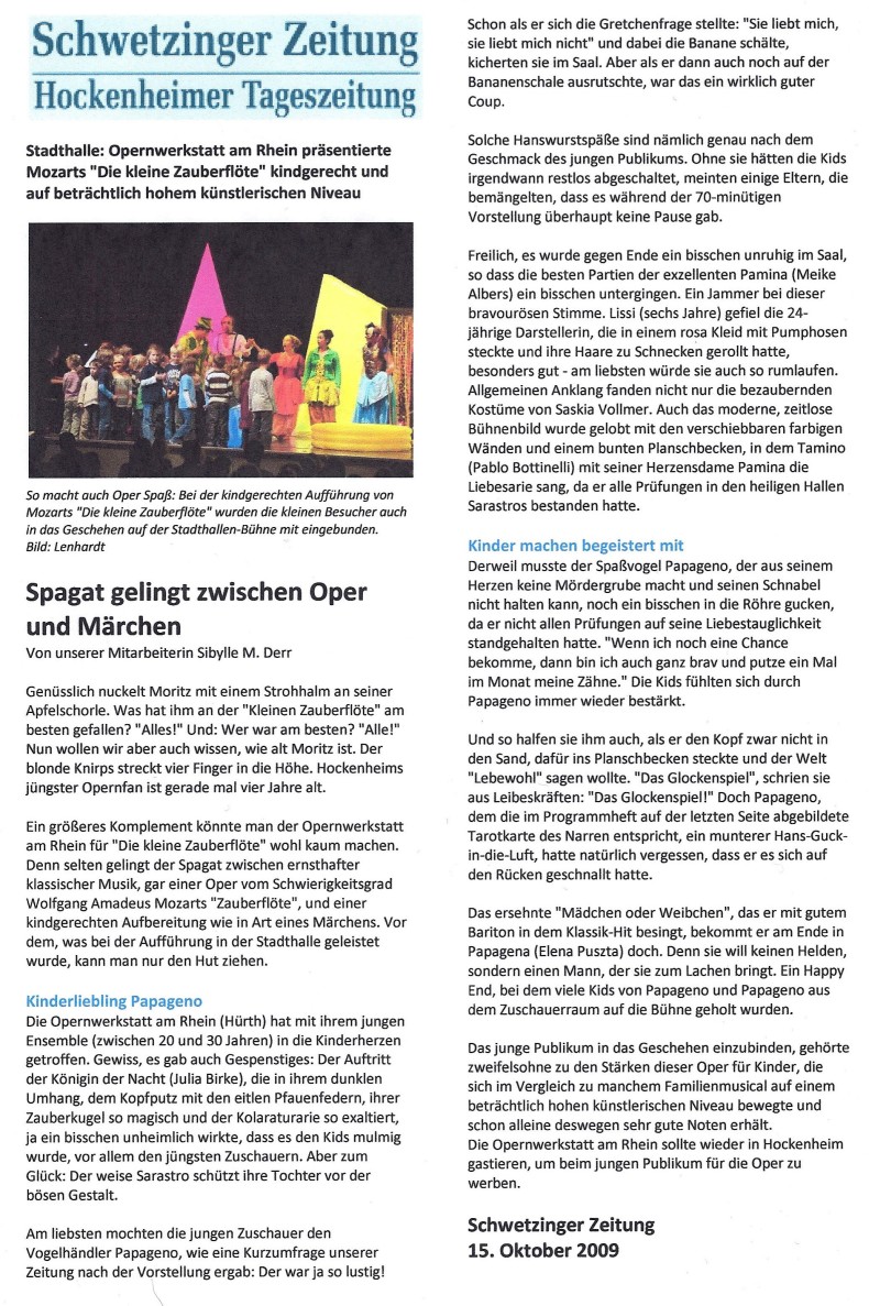 Kinderoper Die Kleine Zauberflöte Presse